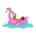 Bright illustration beautiful girl in a yellow swimsuit with glasses and a coconut swims on an inflatable pink flamingo